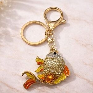 Handbag Accessory - Rhinestone Fish Bag Charm - Yellow/Orange Keychain Charm NEW